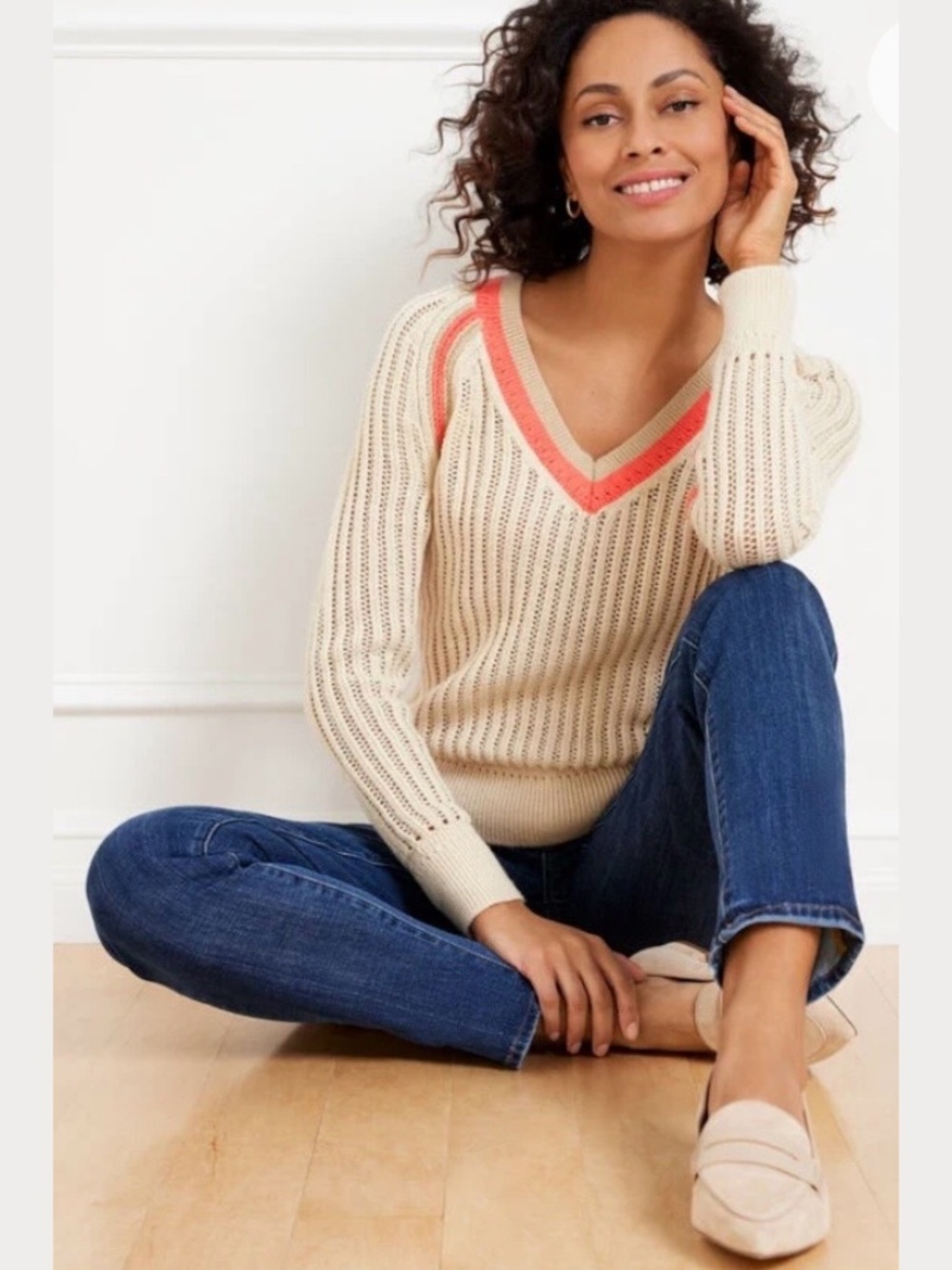 TALBOTS PETITE Acrylic Cotton Blend Vee Neck Long Sleeve Sweater Sz LP